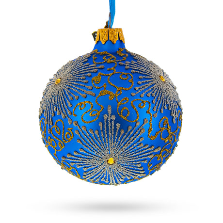 Sparkling Jeweled Snowflakes on Blue Blown Glass Ball Christmas Ornament 3.25 Inches in Blue color, Round shape
