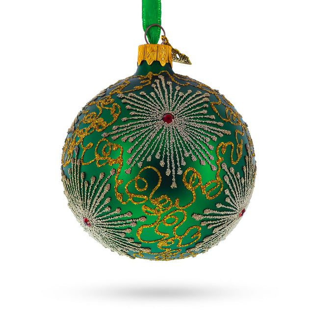 Dazzling Jeweled Snowflakes on Green Blown Glass Ball Christmas Ornament 3.25 Inches in Green color, Round shape