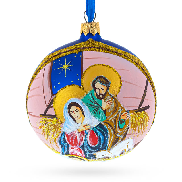 Serene Baby Jesus Sleeping Nativity Scene - Blown Glass Ball Christmas Ornament 4 Inches in Blue color, Round shape
