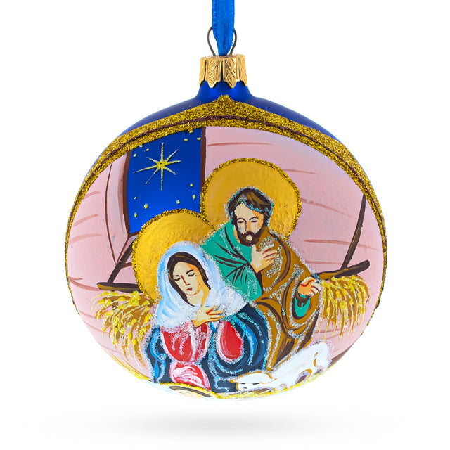 Glass Serene Baby Jesus Sleeping Nativity Scene - Blown Glass Ball Christmas Ornament 4 Inches in Blue color Round