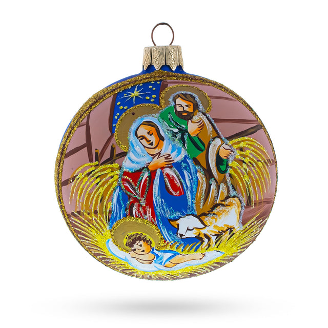 Peaceful Jesus Baby Asleep Nativity - Blown Glass Ball Christmas Ornament 3.25 Inches in Blue color, Round shape