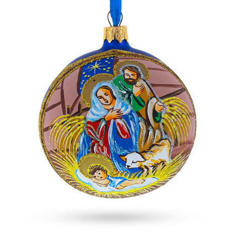 Serene Baby Jesus Sleeping Nativity Scene Glass Ball Christmas Ornament 4 Inches in Blue color Round