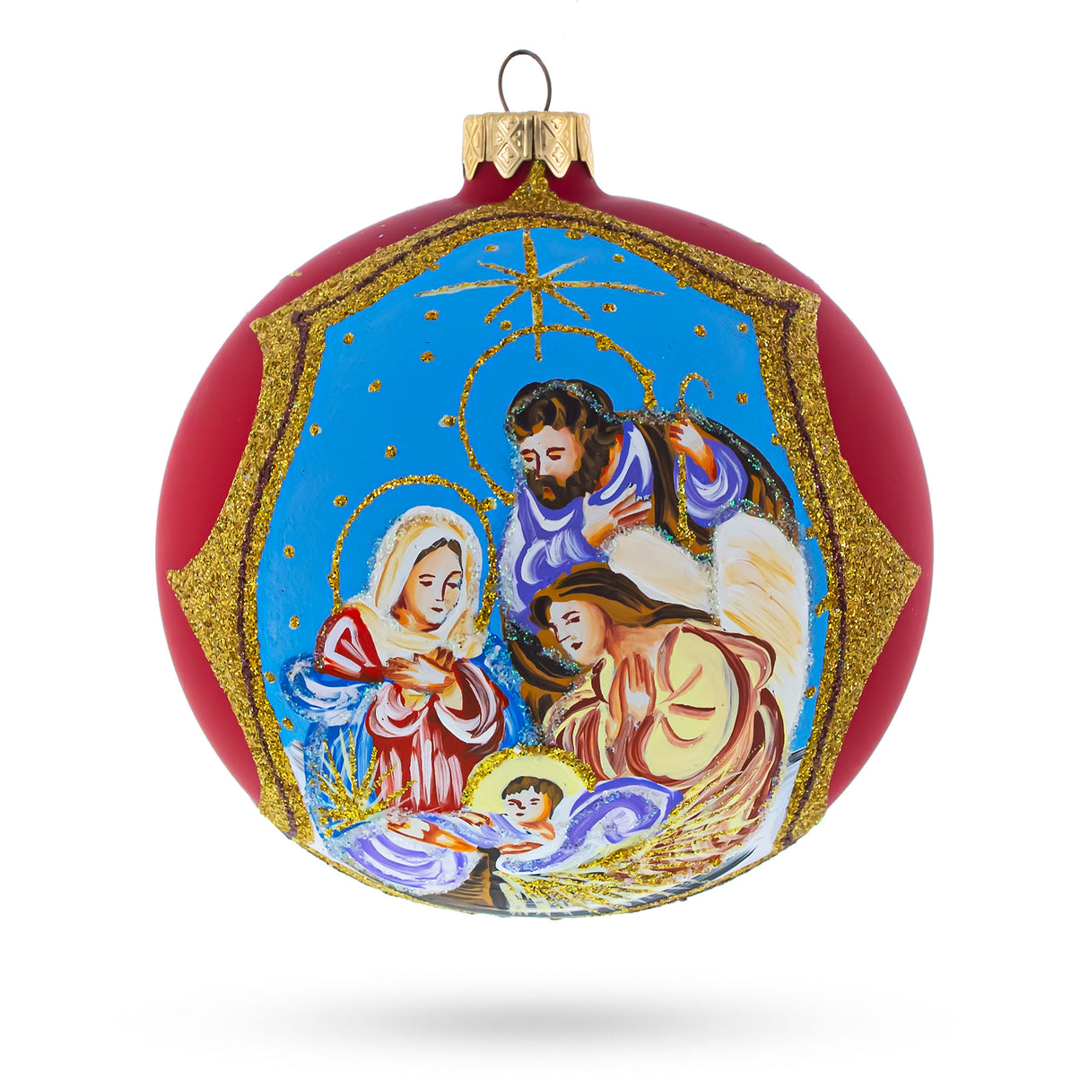 Divine Angel & Holy Family Admiring Jesus Nativity - Blown Glass Ball Christmas Ornament 4 Inches in Red color, Round shape