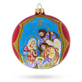 Divine Angel & Holy Family Admiring Jesus Nativity Glass Ball Christmas Ornament 4 Inches in Red color Round