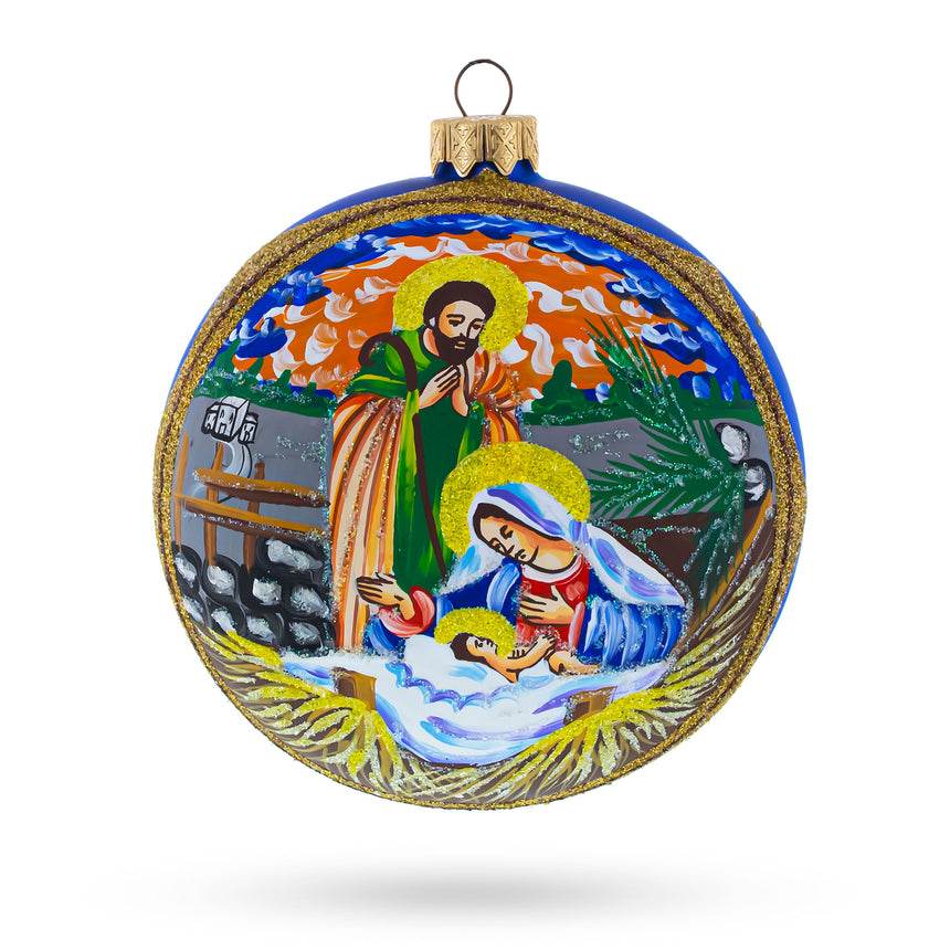 Ethereal Sunset Nativity Scene Glass Ball Christmas Ornament 4 Inches in Blue color Round