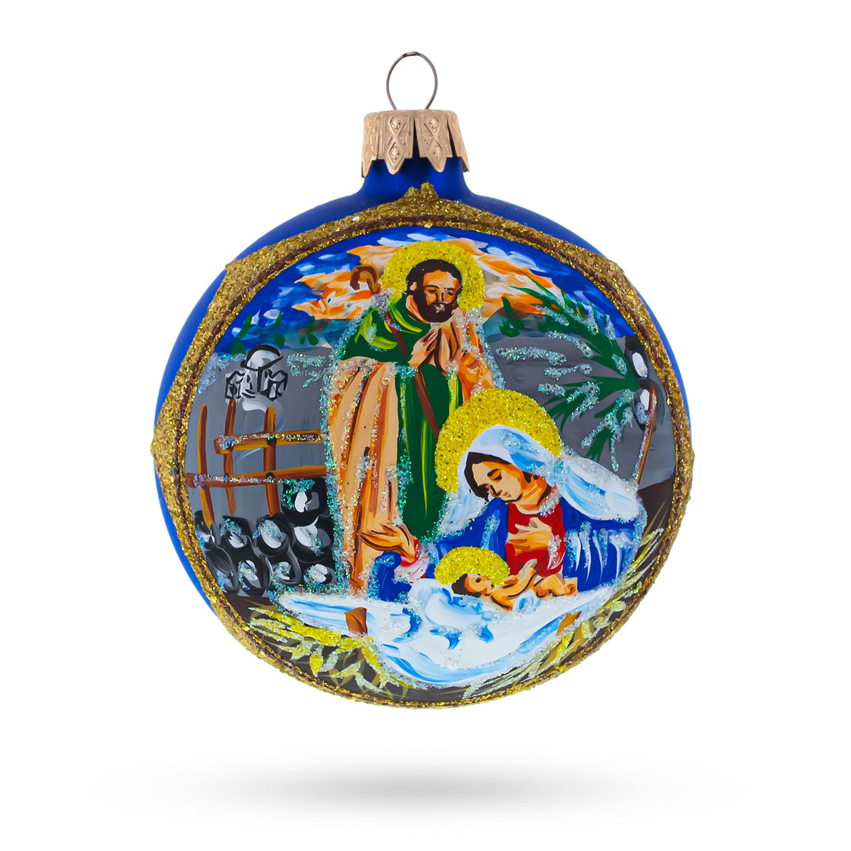 Glass Loving Joseph and Mary Admiring Baby Jesus - Blown Glass Ball Christmas Ornament 3.25 Inches in Blue color Round