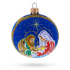 Glass Loving Joseph and Mary Admiring Baby Jesus - Blown Glass Ball Christmas Ornament 3.25 Inches in Blue color Round