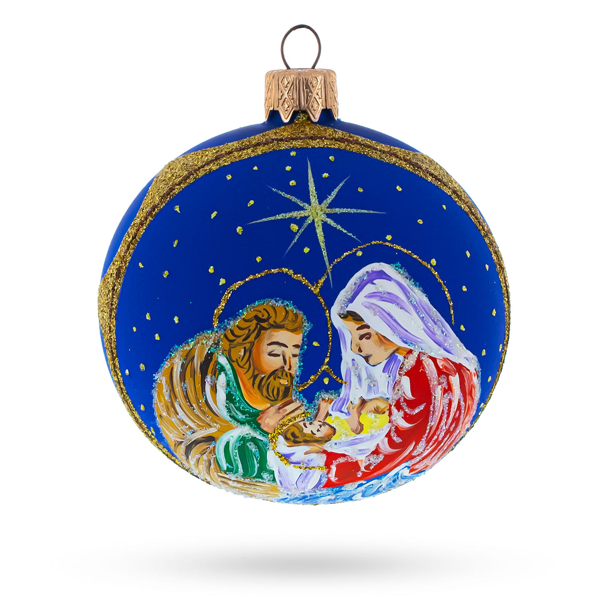 Glass Loving Joseph and Mary Admiring Baby Jesus - Blown Glass Ball Christmas Ornament 3.25 Inches in Blue color Round