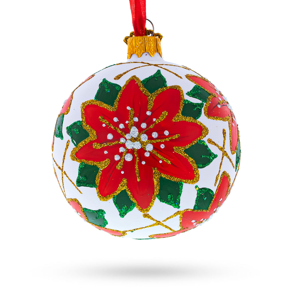 Poinsettia Flowers on White Glass Ball Christmas Ornament 3.25 Inches in Red color Round