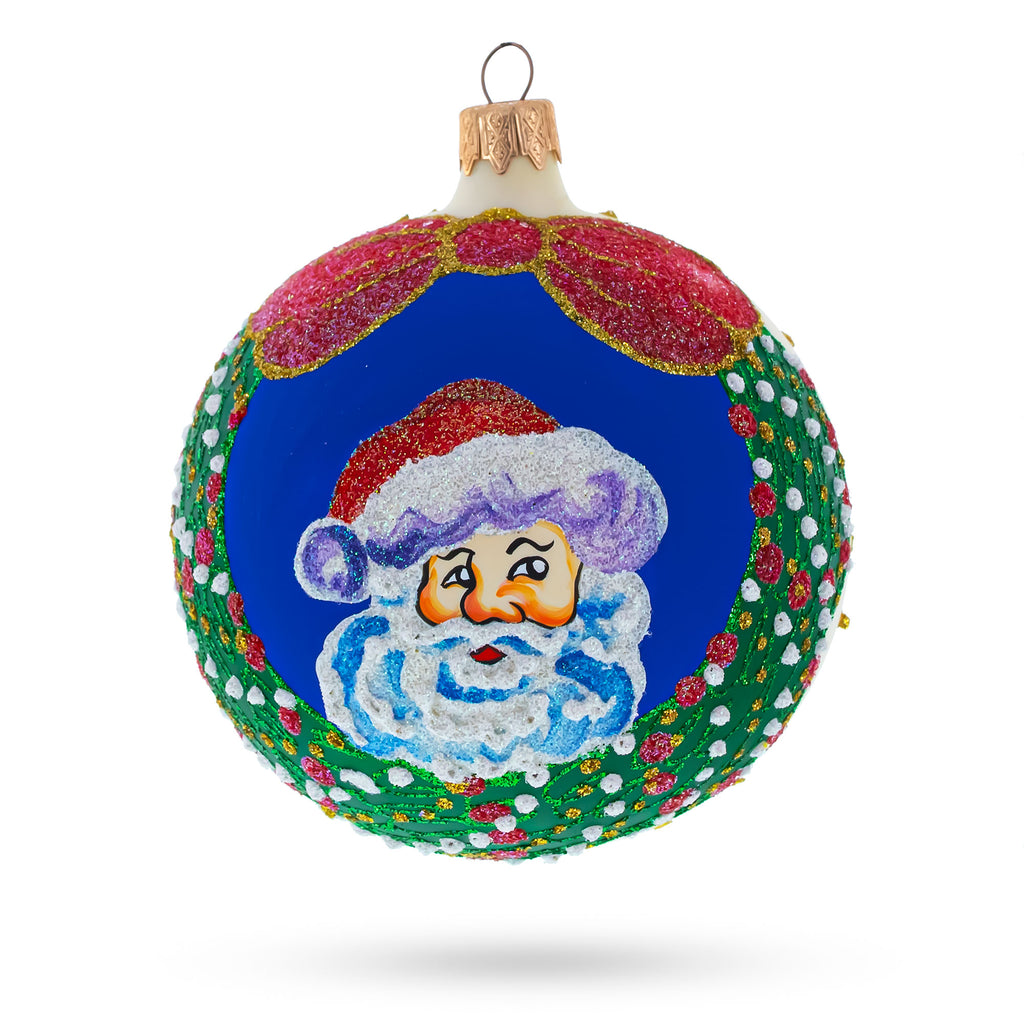 Glass Festive Santa Wreath Gifts - Blown Glass Ball Christmas Ornament 4 Inches in White color Round