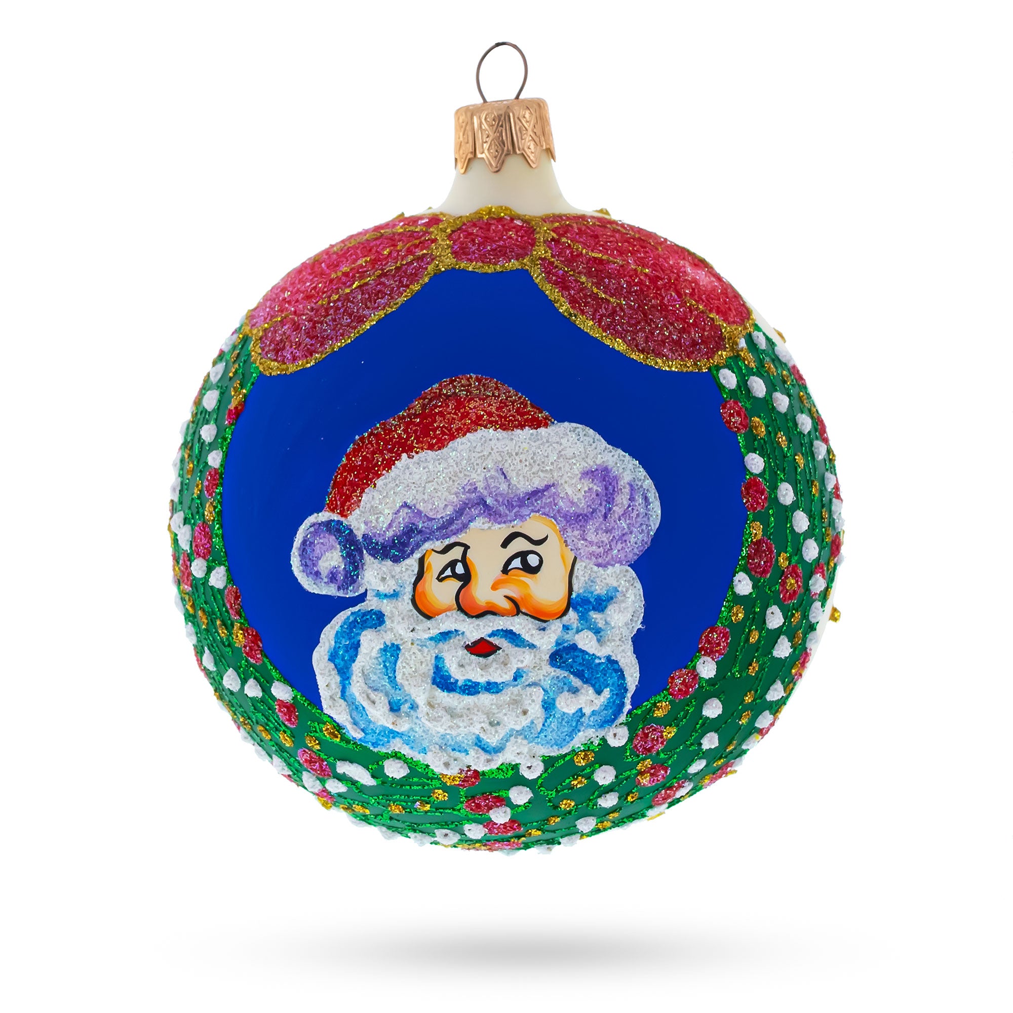 Festive Santa Wreath Gifts Glass Ball Christmas Ornament 4 Inches in White color Round
