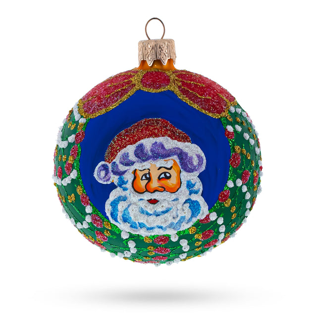 Festive Santa Wreath Gifts - Blown Glass Ball Christmas Ornament 3.25 Inches in White color, Round shape