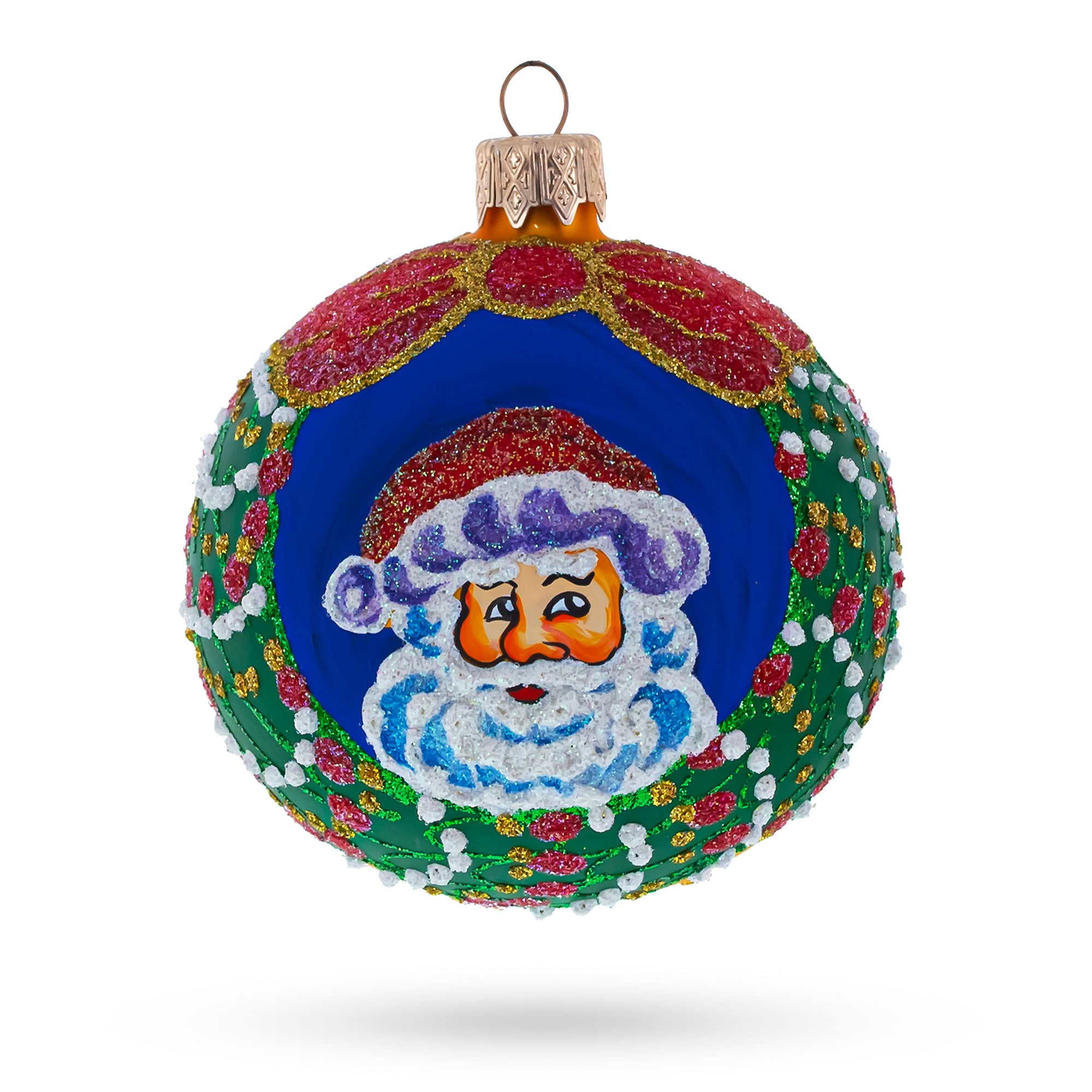 Festive Santa Wreath Gifts Glass Ball Christmas Ornament 3.25 Inches in White color Round
