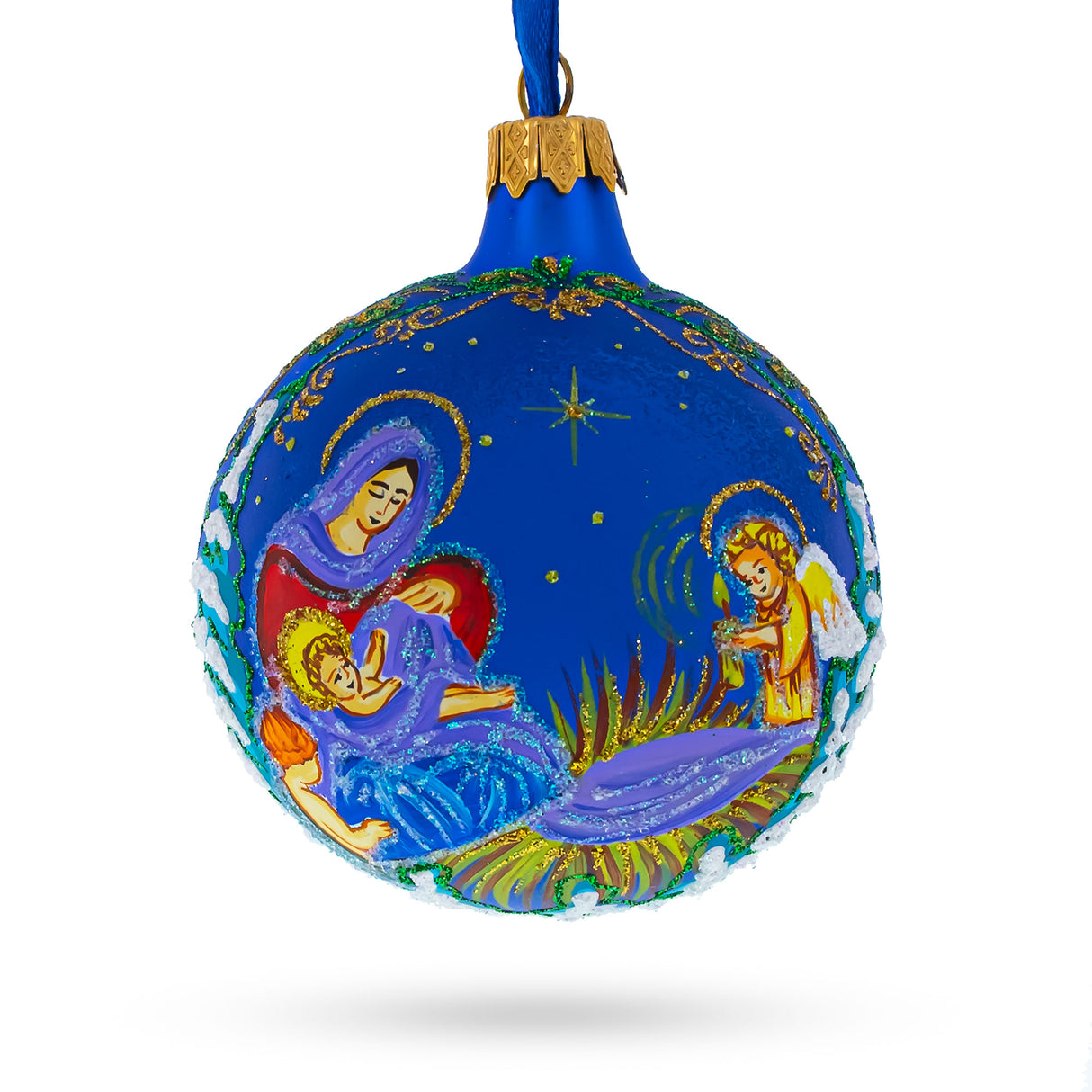 Harmonious Angels Singing to Baby Jesus - Blown Glass Ball Christmas Ornament3.25 Inches in Blue color, Round shape