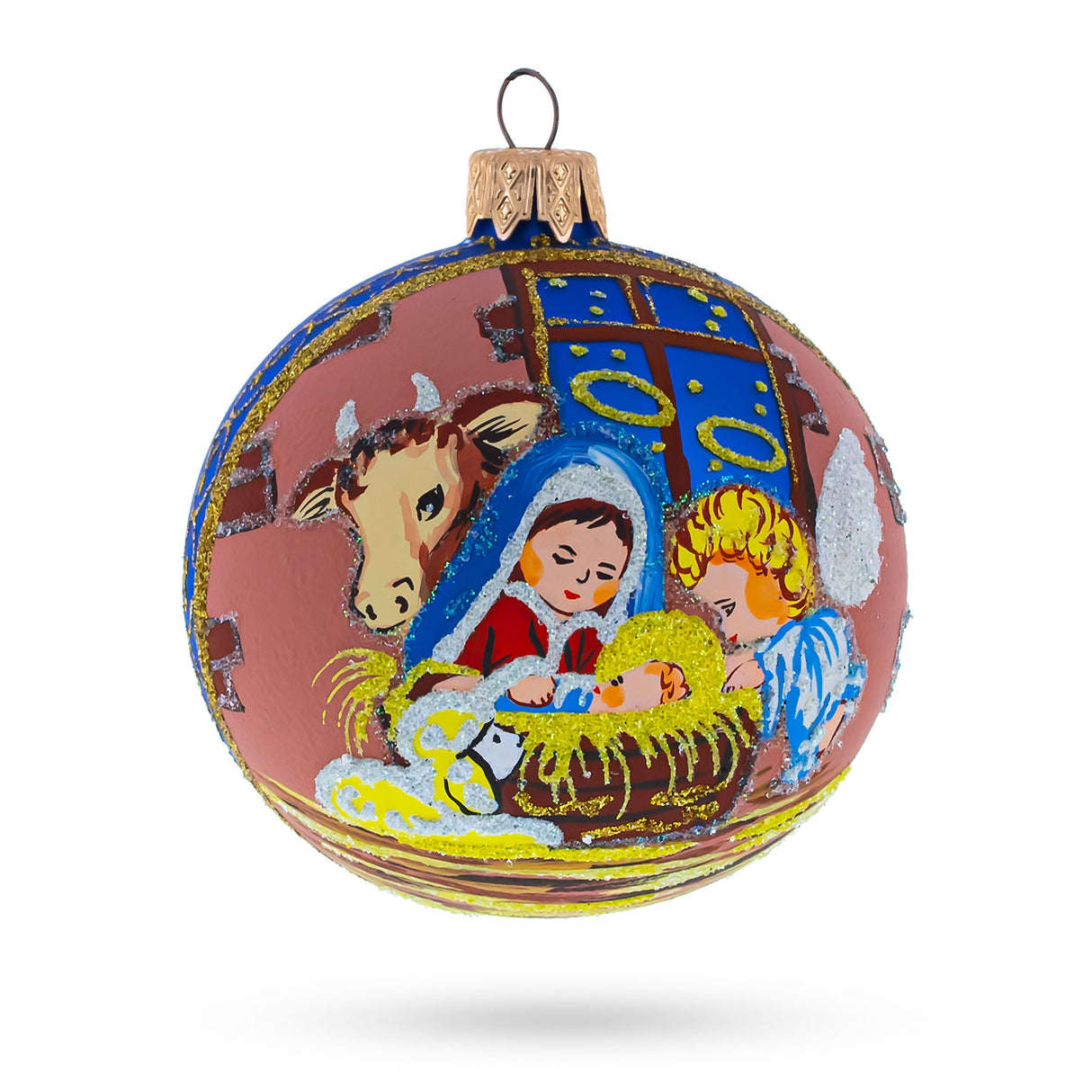 Serene Silent Night Nativity Scene- Blown Glass Ball Christmas Ornament 3.25 Inches in Blue color, Round shape