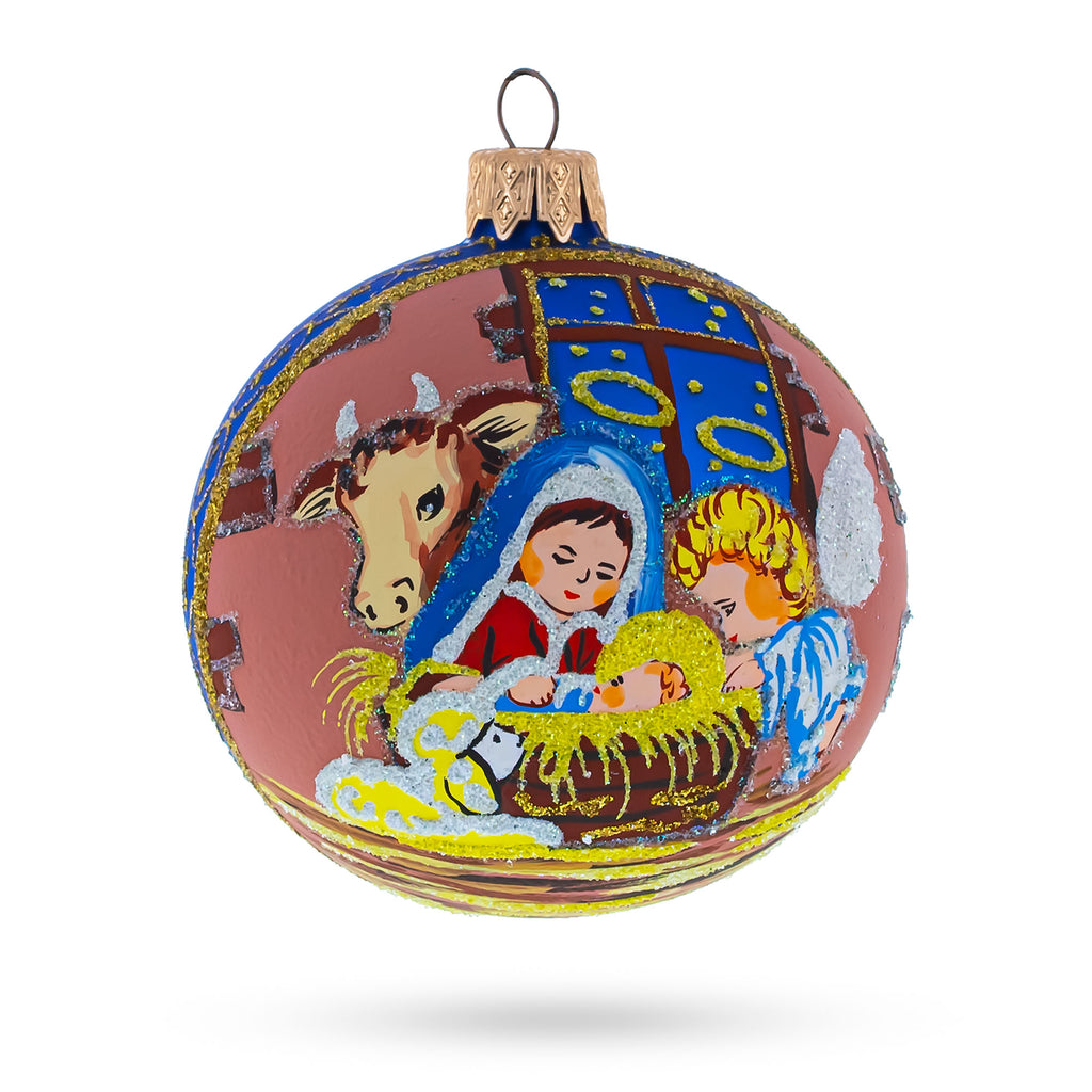 Serene Silent Night Nativity Scene- Glass Ball Christmas Ornament 3.25 Inches in Blue color Round