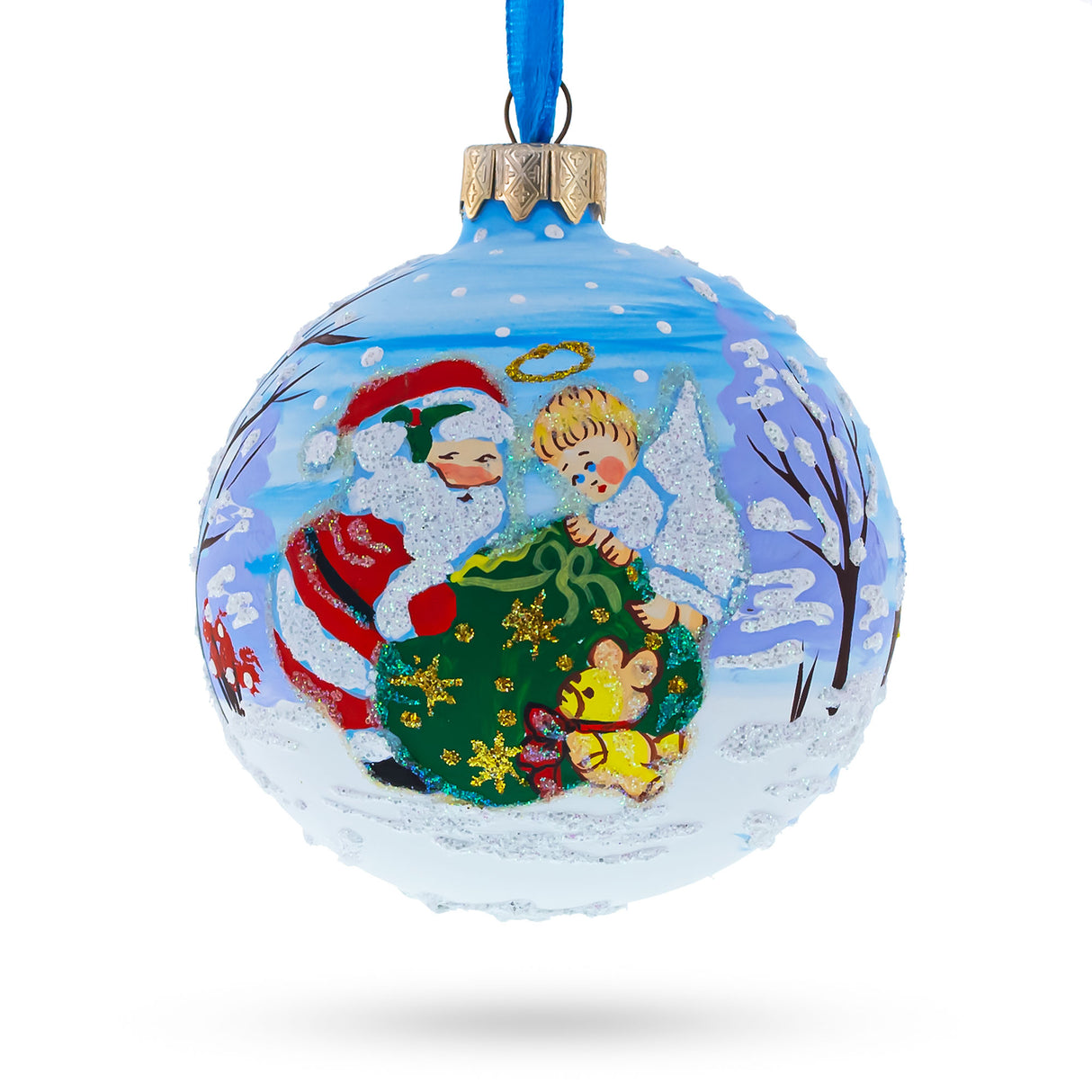 Glass Joyful Angel Helping Santa with Christmas Gifts - Blown Glass Ball Christmas Ornament 3.25 Inches in Multi color Round