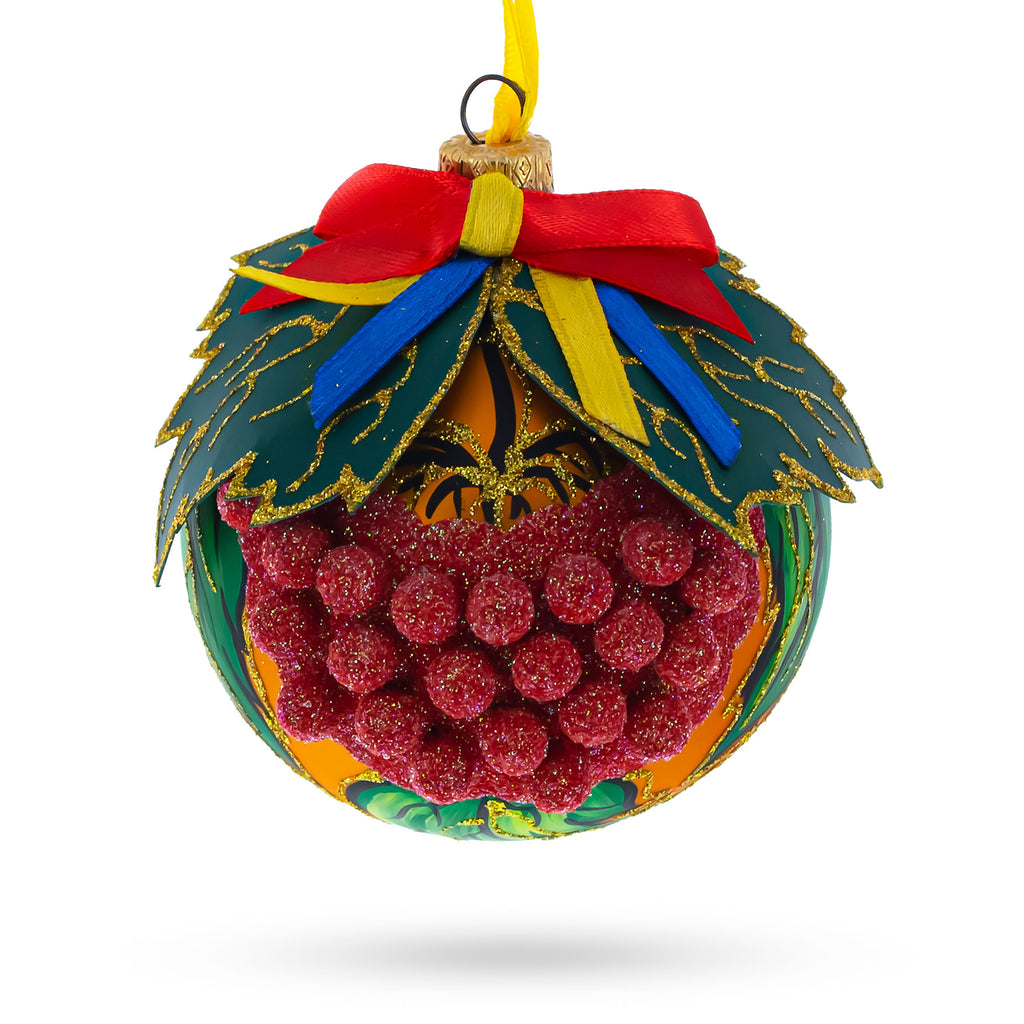 Embossed Ukrainian Kalyna Berries Glass Ball Christmas Ornament 3.25 Inches in Multi color Round