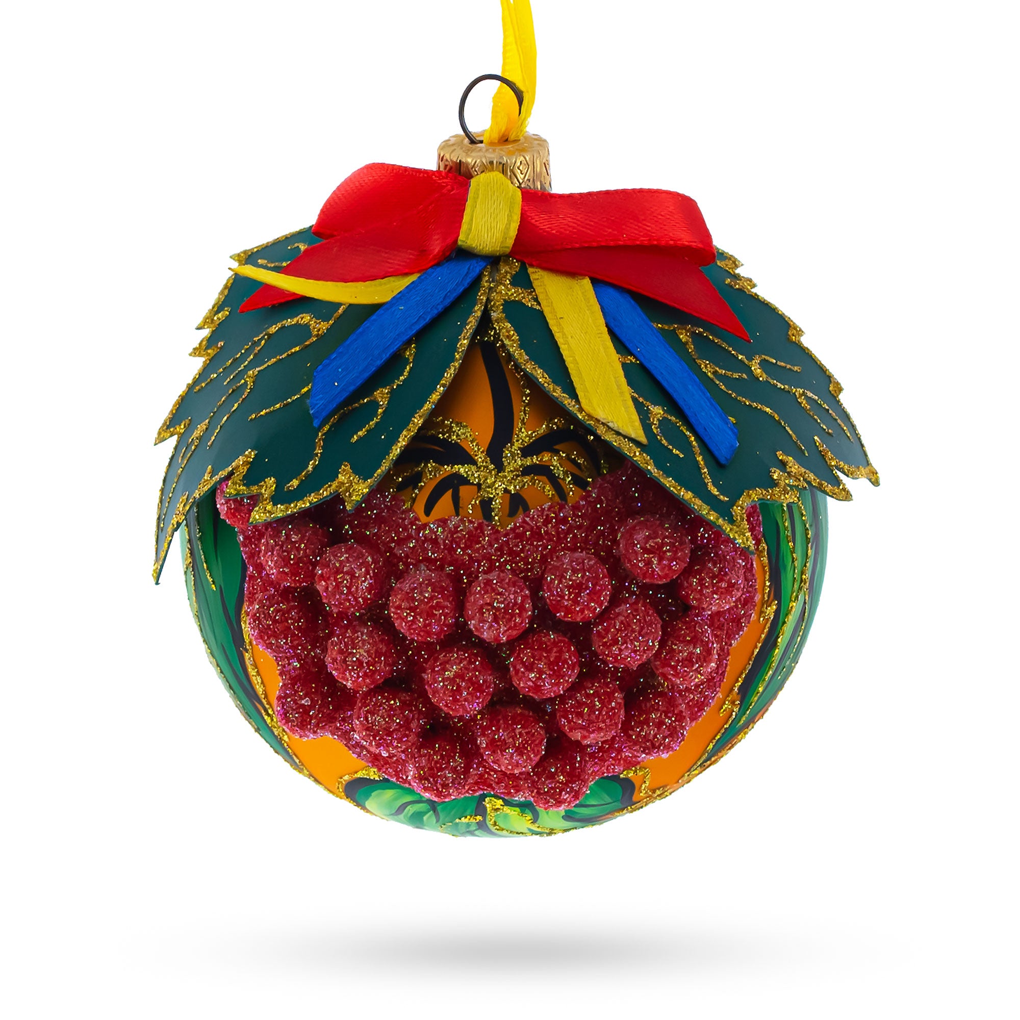 Embossed Ukrainian Kalyna Berries Glass Ball Christmas Ornament 3.25 Inches in Multi color Round