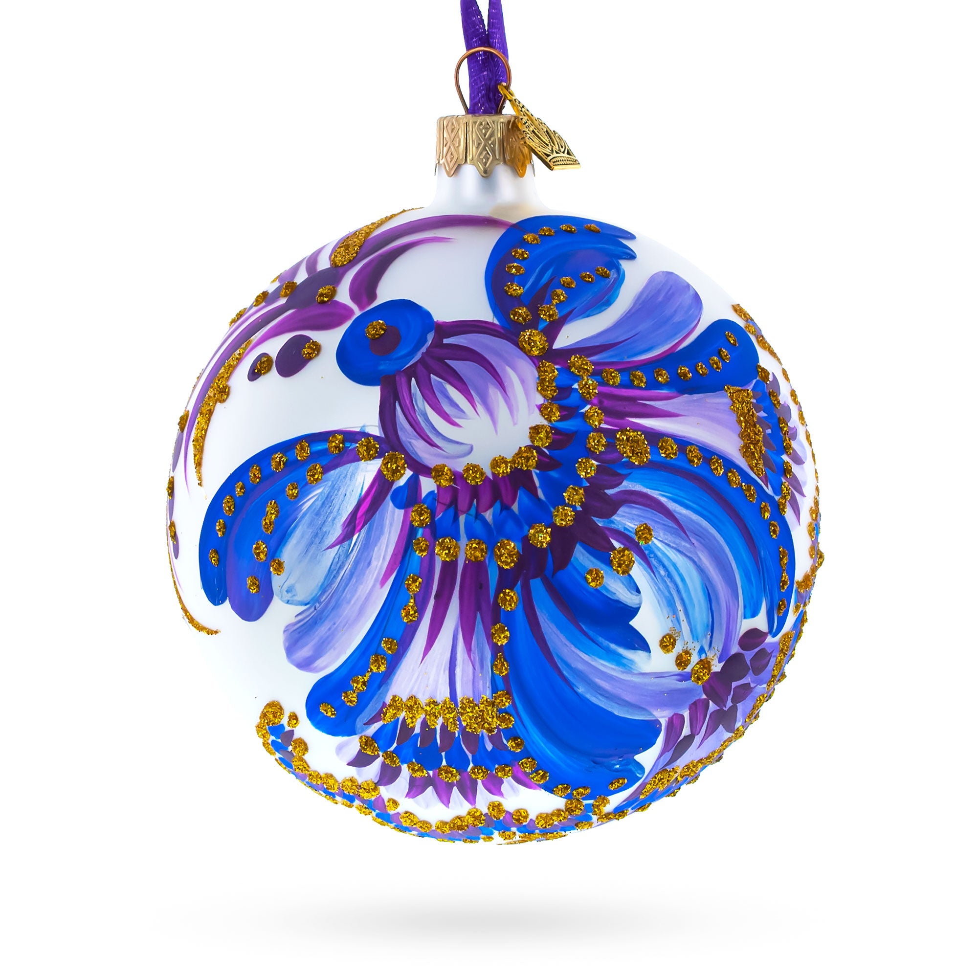 Floral Blue and Gold Glass Ball Christmas Ornament in Purple color Round