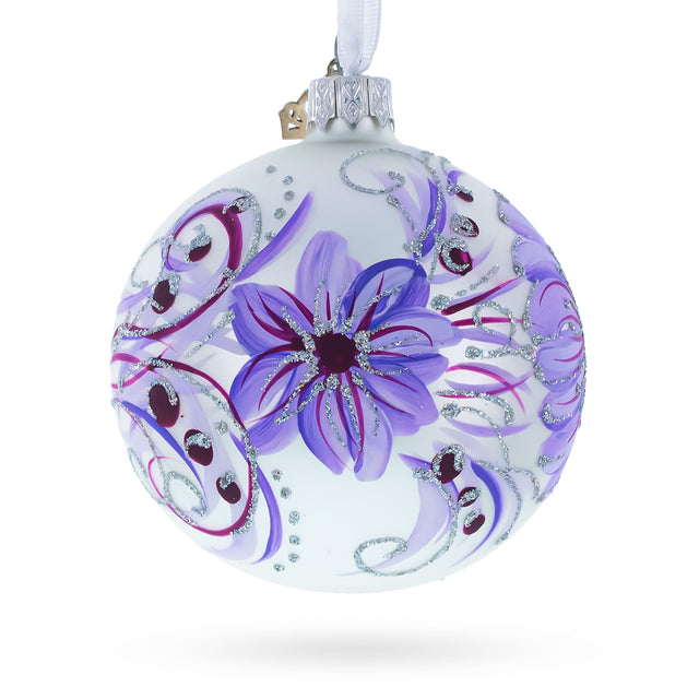Vibrant Gerbera Flowers on Purple Blown Glass Ball Christmas Ornament in White color, Round shape