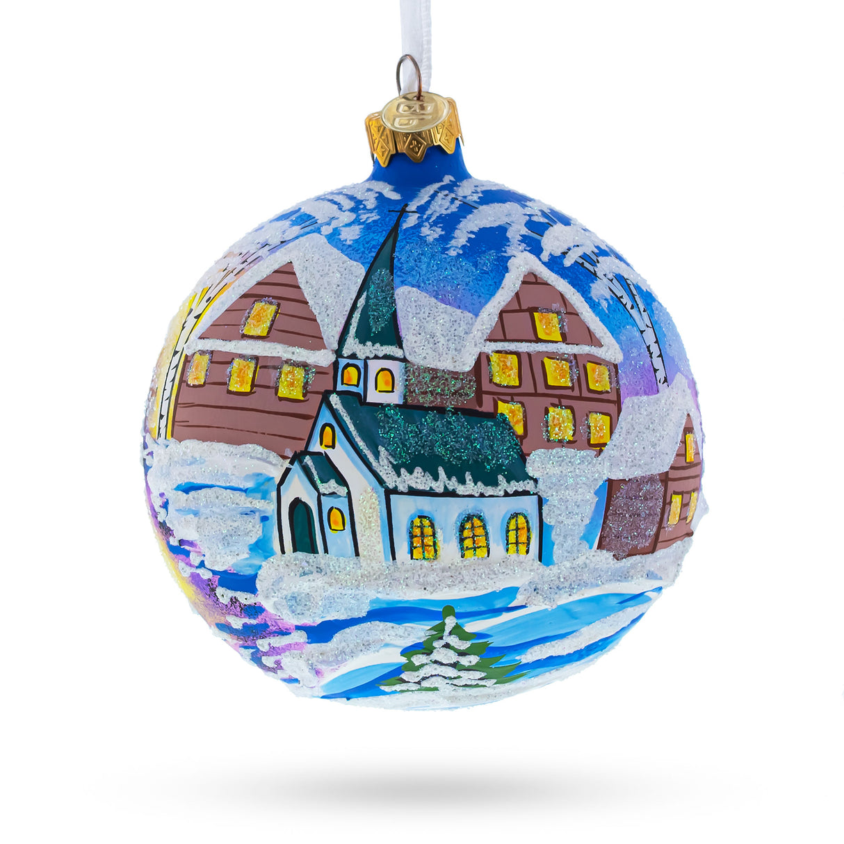 Enchanting Ukrainian Winter Village Church - Artisan Blown Glass Ball Christmas Ornament 4 Inches in Multi color, Round shape