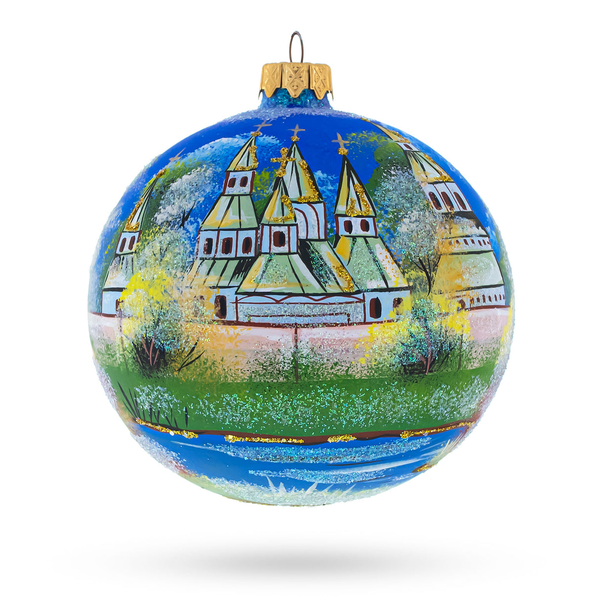aptivating Winter Church Scene - Artisan Blown Glass Ball Christmas Ornament 4 Inches in Multi color, Round shape