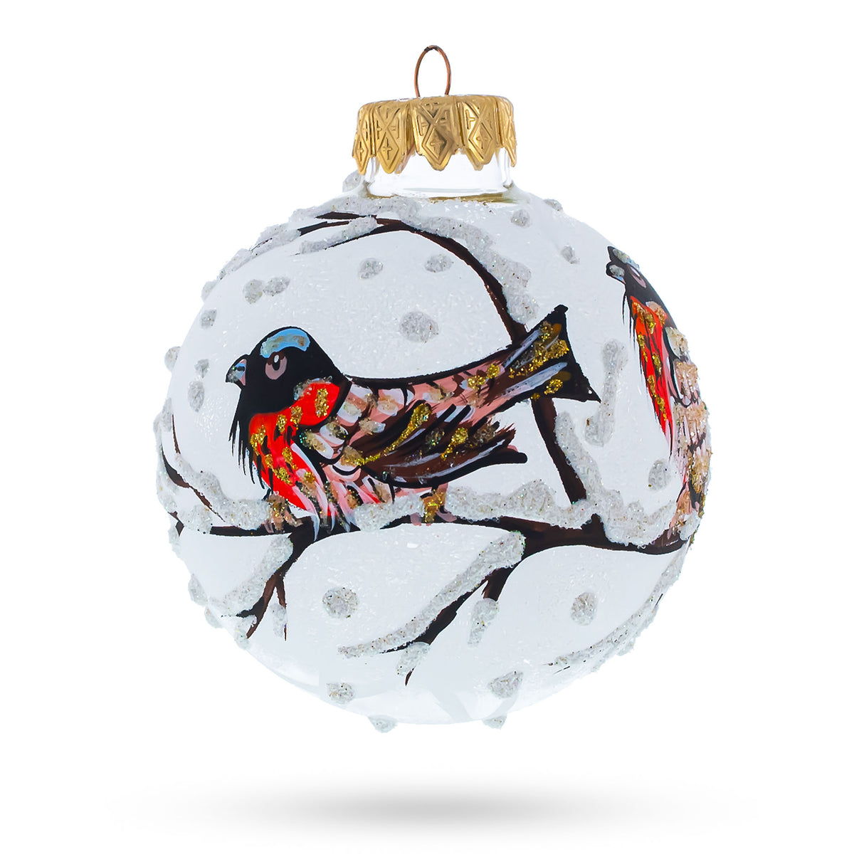 Charming Birds on a Snowy Branch - Blown Glass Ball Christmas Ornament 3.25 Inches in White color, Round shape