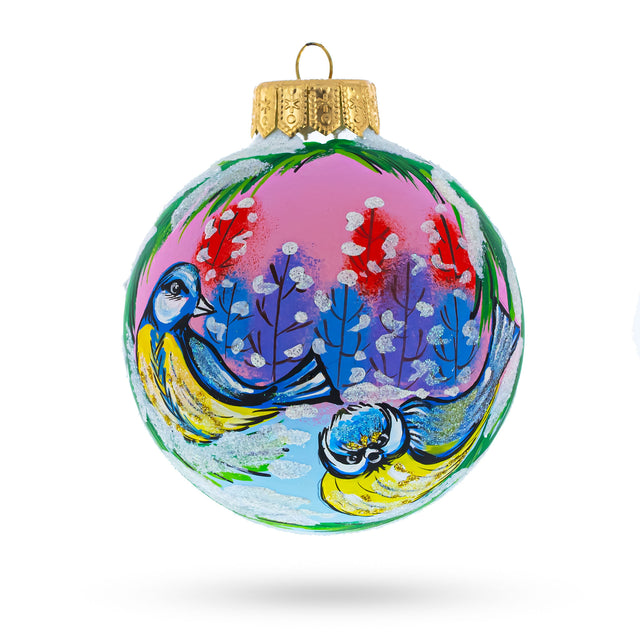 Glass Whimsical Two Finches in Winter - Artisan Blown Glass Ball Christmas Ornament 4 Inches in Multi color Round
