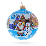 Santa & Snowman Winter Village Scene Glass Ball Christmas Ornament 3.25 Inches in Multi color Round