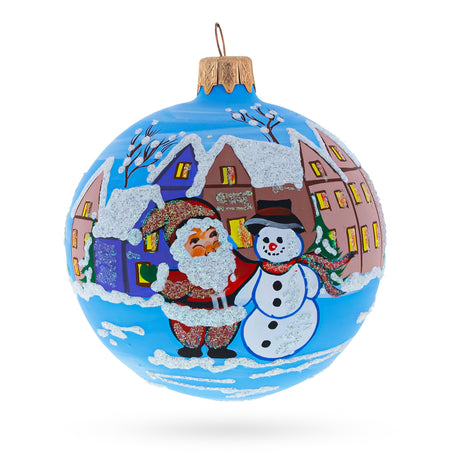 Santa & Snowman Winter Village Scene Glass Ball Christmas Ornament 3.25 Inches in Multi color Round