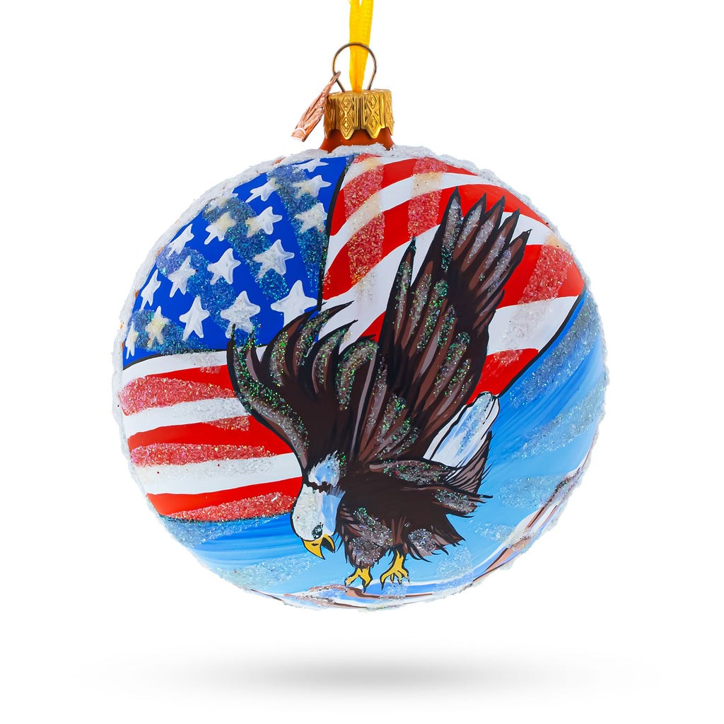 USA Flag and Bald Eagle Glass Ball Christmas Ornament 4 Inches in Multi color Round