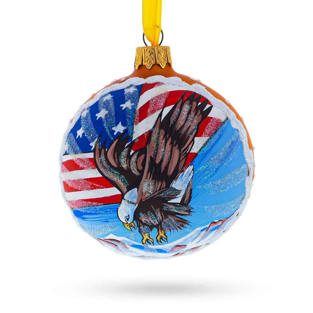 Glass Patriotic USA Flag and Bald Eagle - Artisan Blown Glass Ball Christmas Ornament 3.25 Inches in Orange color Round