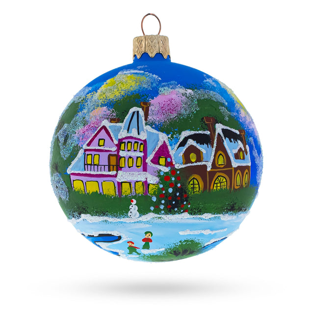 Glass Enchanted Christmas Night Village Scene - Blown Glass Ball Ornament 3.25 Inches in Multi color Round