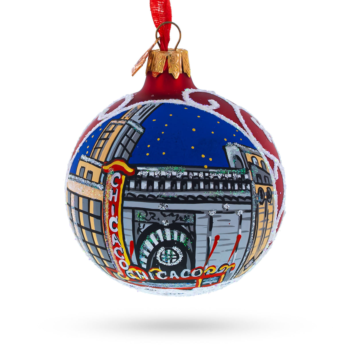 Iconic Chicago Theater - Artisan Blown Glass Ball Christmas Ornament 3.25 Inches in Red color, Round shape