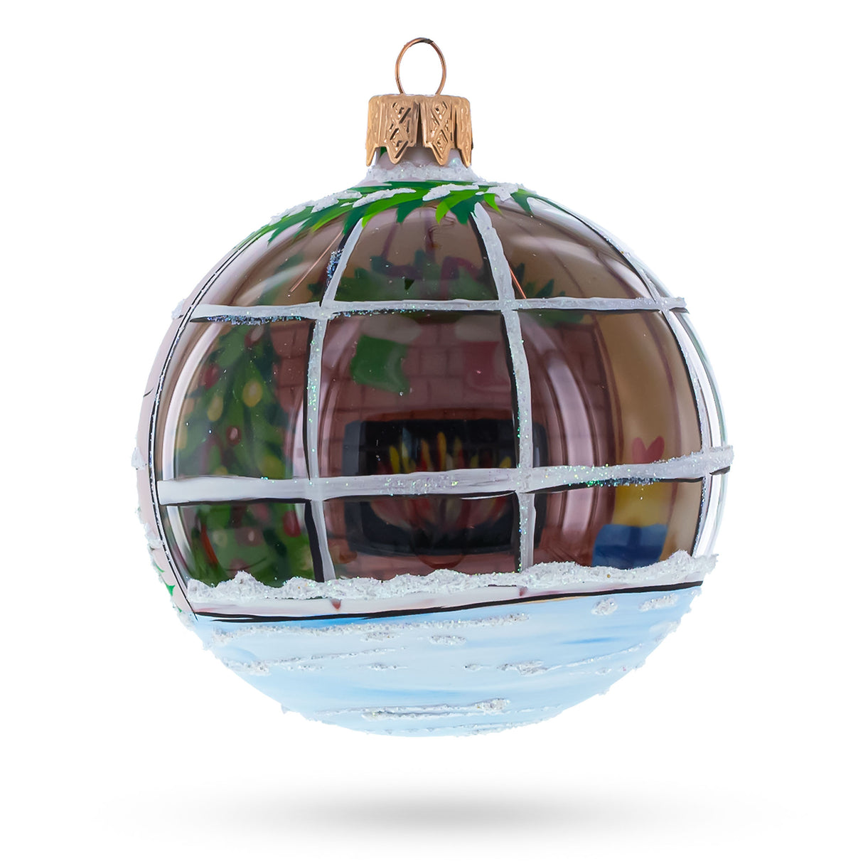 Intriguing Santa Peeking Through House Window - Hand-Painted Blown Glass Ball Christmas Ornament  3.25 Inches in Multi color, Round shape