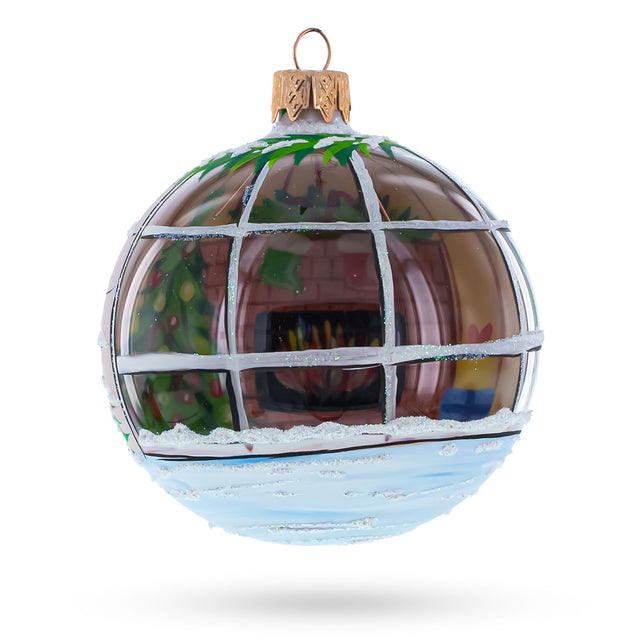 Santa Peeking Through House Window  Glass Ball Christmas Ornament  3.25 Inches in Multi color Round