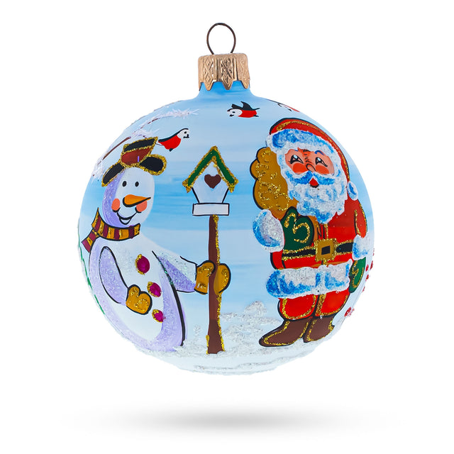 Enchanting Snowman with Bird House and Santa - Blown Glass Ball Christmas Ornament 3.25 Inches in Multi color, Round shape