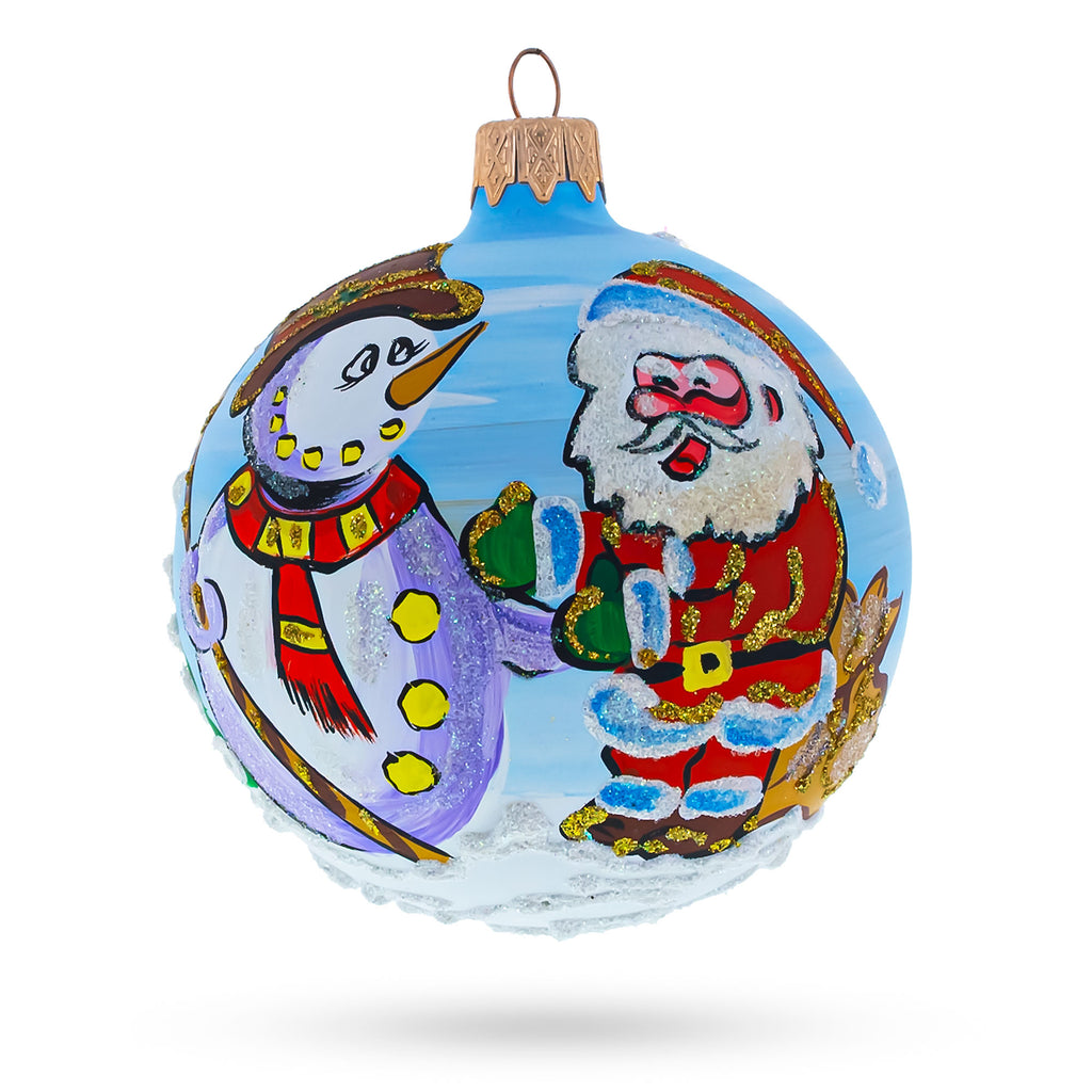 Glass Joyful Laughing Santa with Snowman - Blown Glass Ball Christmas Ornament 3.25 Inches in Multi color Round