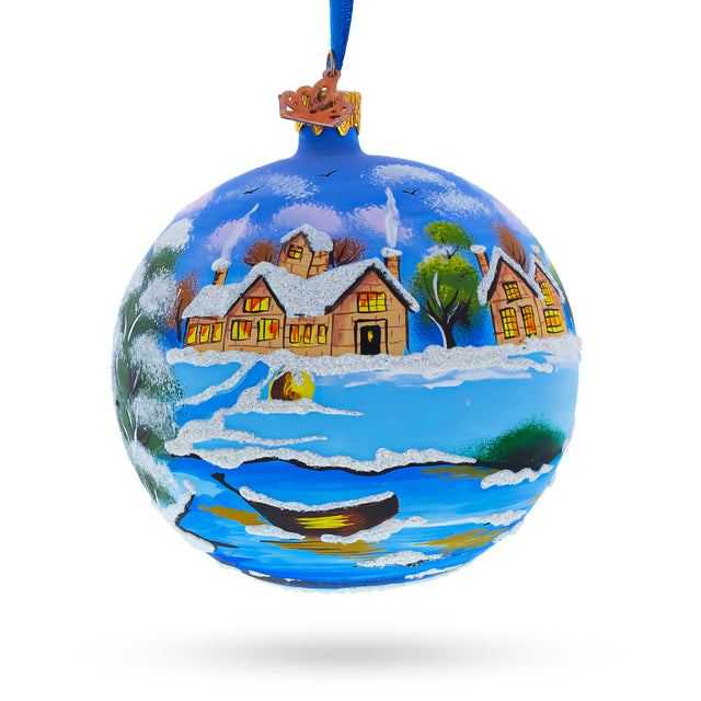 Serene Winter Village Scene with Lake - Artisan Blown Glass Ball Christmas Ornament 4 Inches in Blue color, Round shape
