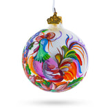 Vibrant Rooster with Flowers - Blown Glass Ball Christmas Ornament 3.25 Inches in White color, Round shape