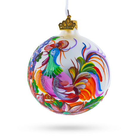 Glass Vibrant Rooster with Flowers - Blown Glass Ball Christmas Ornament 3.25 Inches in White color Round