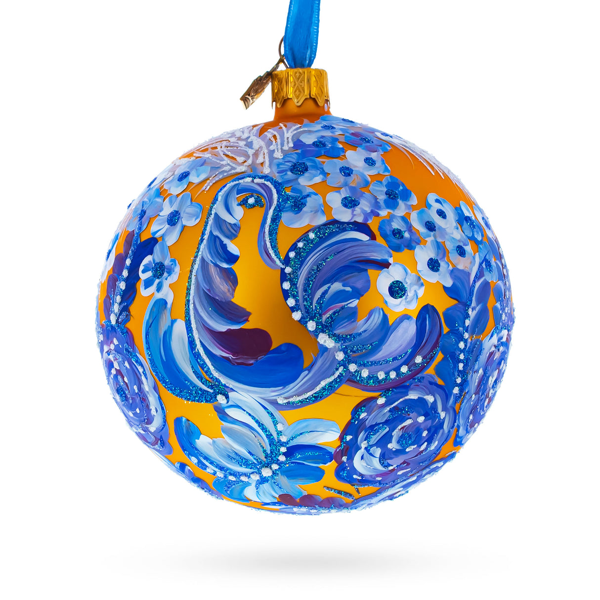 Majestic Firebird Amidst Hyacinth Flowers - Artisan Blown Glass Ball Christmas Ornament in Multi color, Round shape