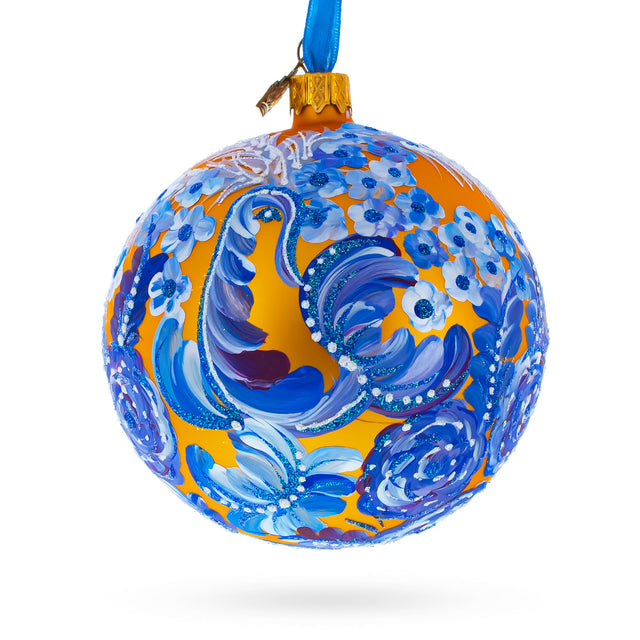 Majestic Firebird Amidst Hyacinth Flowers - Artisan Blown Glass Ball Christmas Ornament in Multi color, Round shape