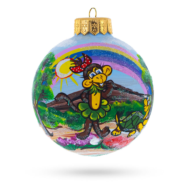 Whimsical Lady Monkey Under Rainbow - Artisan Animal-Themed Blown Glass Ball Christmas Ornament 4 Inches in Multi color, Round shape