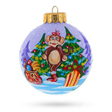 Playful Monkey with Christmas Gifts - Artisan Blown Glass Ball Christmas Ornament 4 Inches in Multi color, Round shape