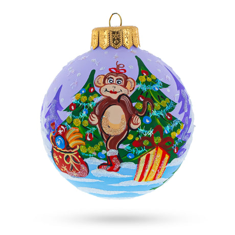 Monkey with Christmas Gifts Glass Ball Christmas Ornament 4 Inches in Multi color Round