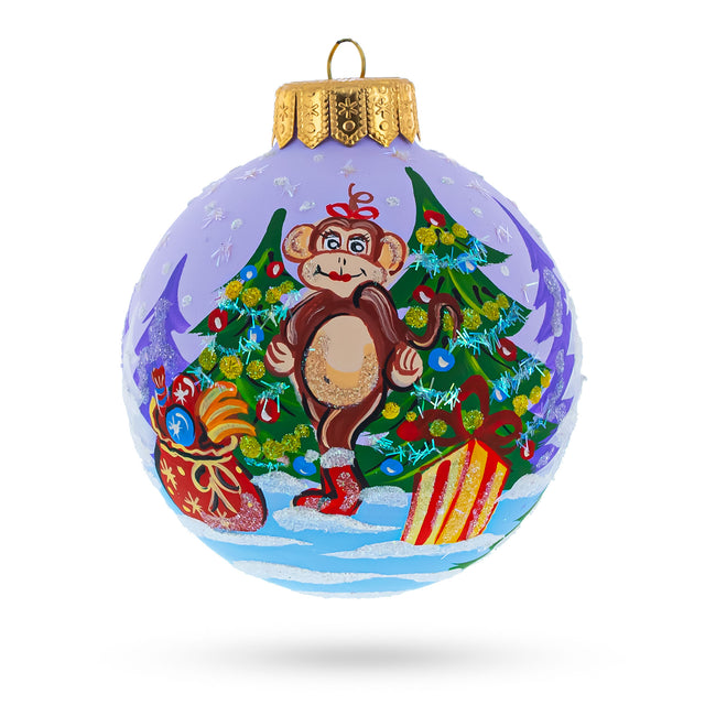 Glass Playful Monkey with Christmas Gifts - Artisan Blown Glass Ball Christmas Ornament 4 Inches in Multi color Round