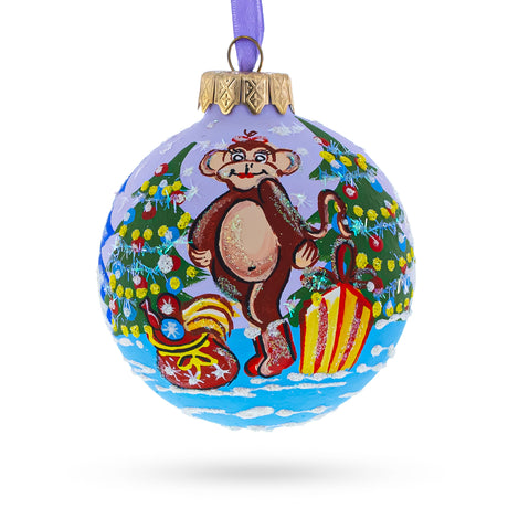 Glass Charming Monkey with Christmas Tree and Gifts - Blown Glass Ball Christmas Ornament 3.25 Inches in Multi color Round