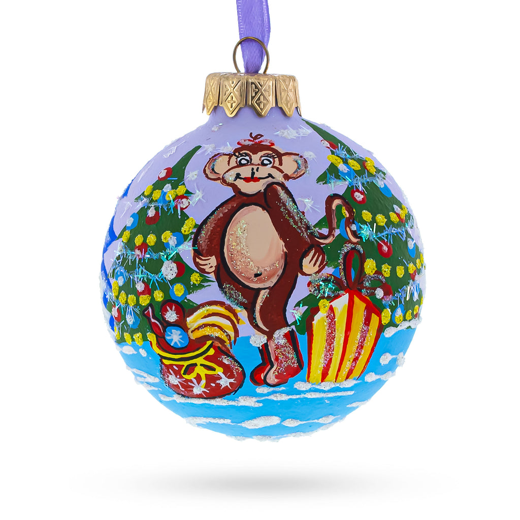 Monkey with Christmas Tree and Gifts Glass Ball Christmas Ornament 3.25 Inches in Multi color Round